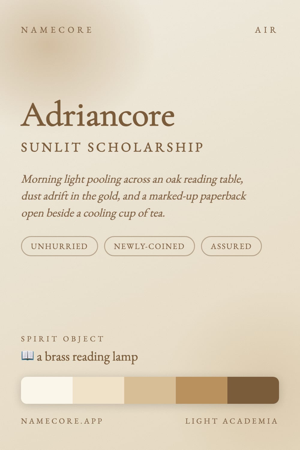 Adrian aesthetic card - Adriancore: a Light Academia palette, Cormorant Garamond type and a brass reading lamp