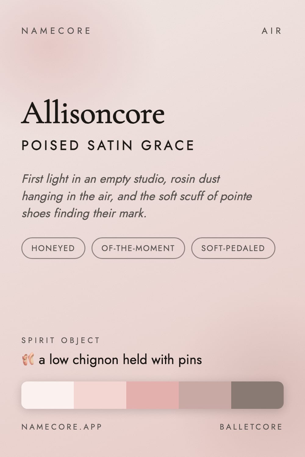 Allison aesthetic card - Allisoncore: a Balletcore palette, Cormorant Garamond type and a low chignon held with pins