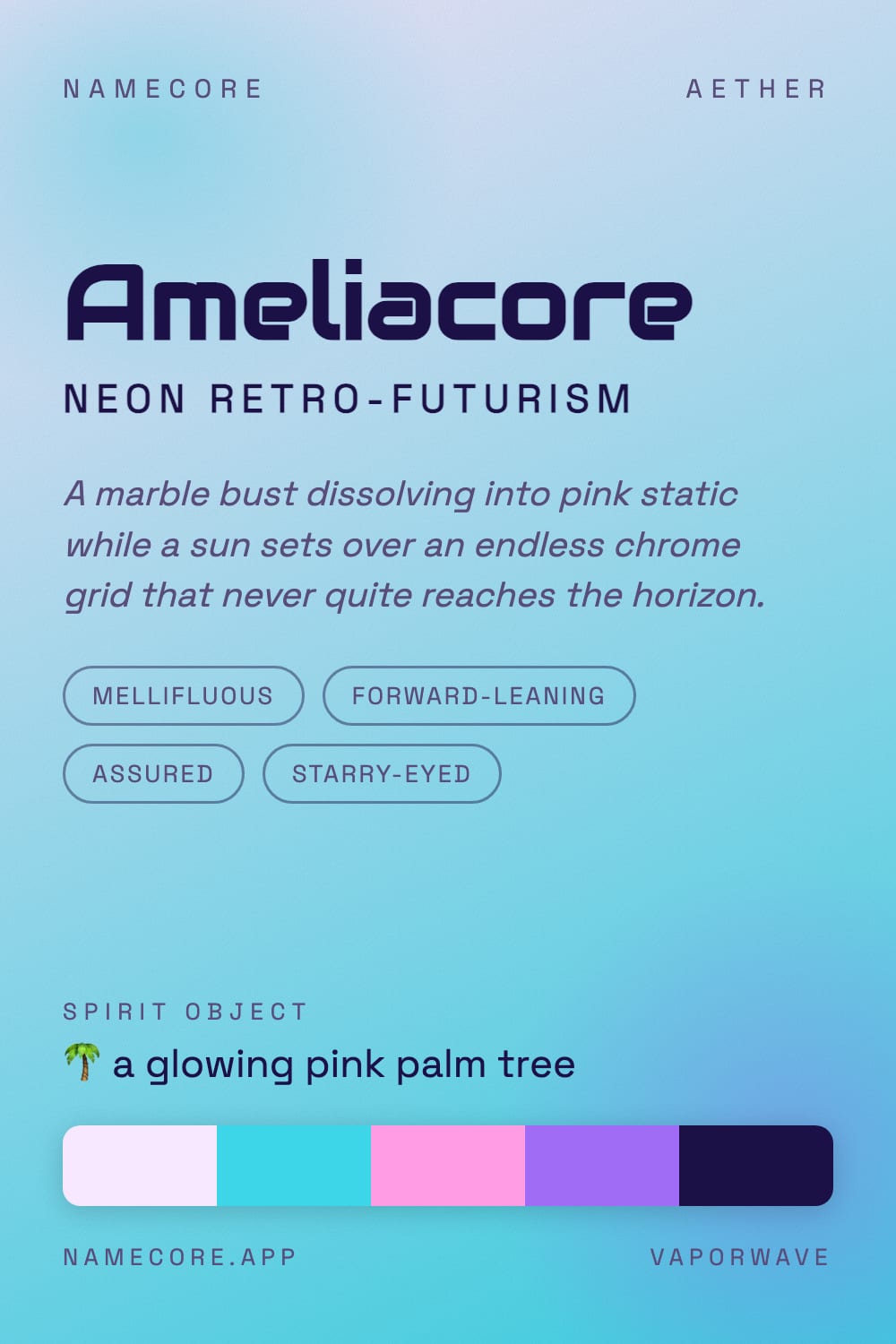 Amelia aesthetic card - Ameliacore: a Vaporwave palette, Audiowide type and a glowing pink palm tree