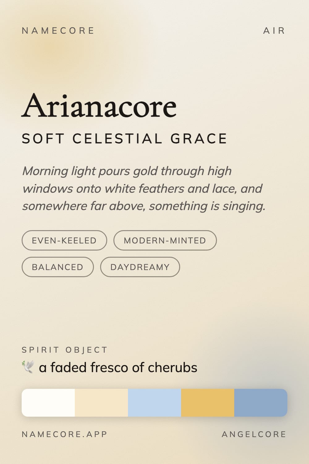 Ariana aesthetic card - Arianacore: a Angelcore palette, Cormorant Garamond type and a faded fresco of cherubs