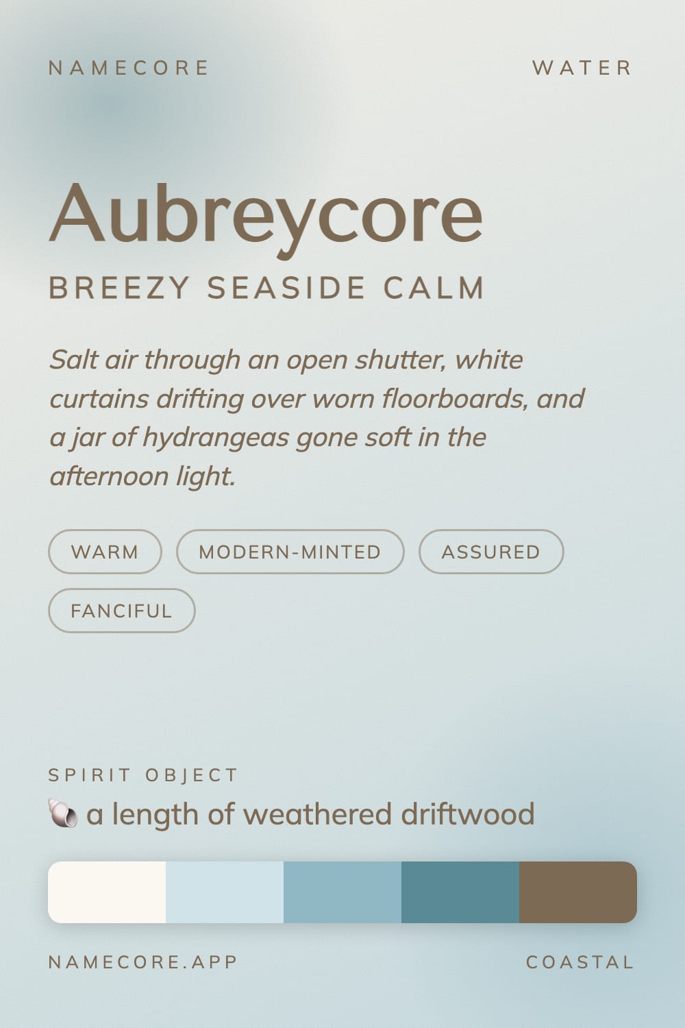 Aubrey aesthetic card - Aubreycore: a Coastal palette, Tenor Sans type and a length of weathered driftwood