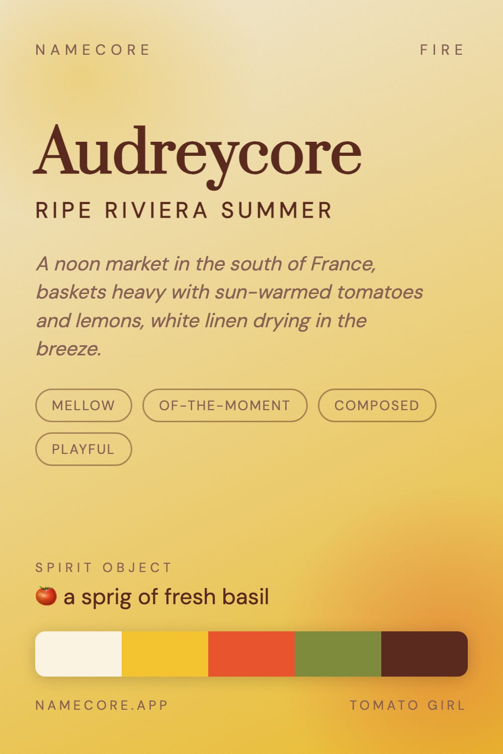 Audrey aesthetic card - Audreycore: a Tomato Girl palette, Prata type and a sprig of fresh basil