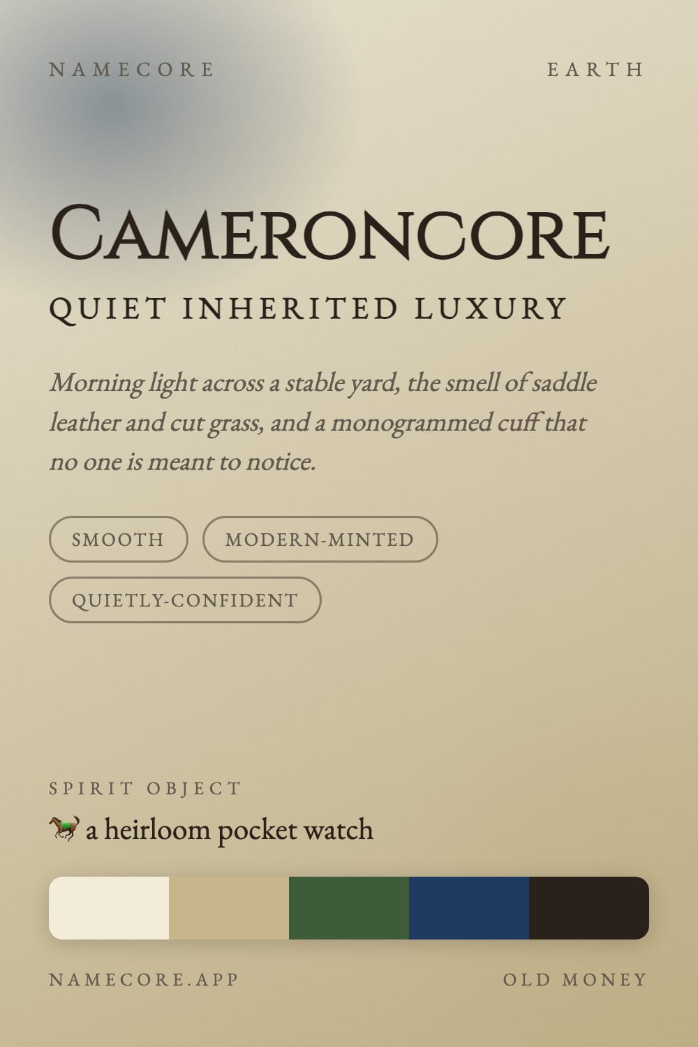 Cameron aesthetic card - Cameroncore: a Old Money palette, Cinzel type and a heirloom pocket watch
