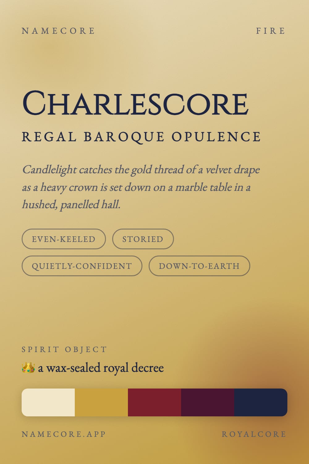 Charles aesthetic card - Charlescore: a Royalcore palette, Cinzel type and a wax-sealed royal decree