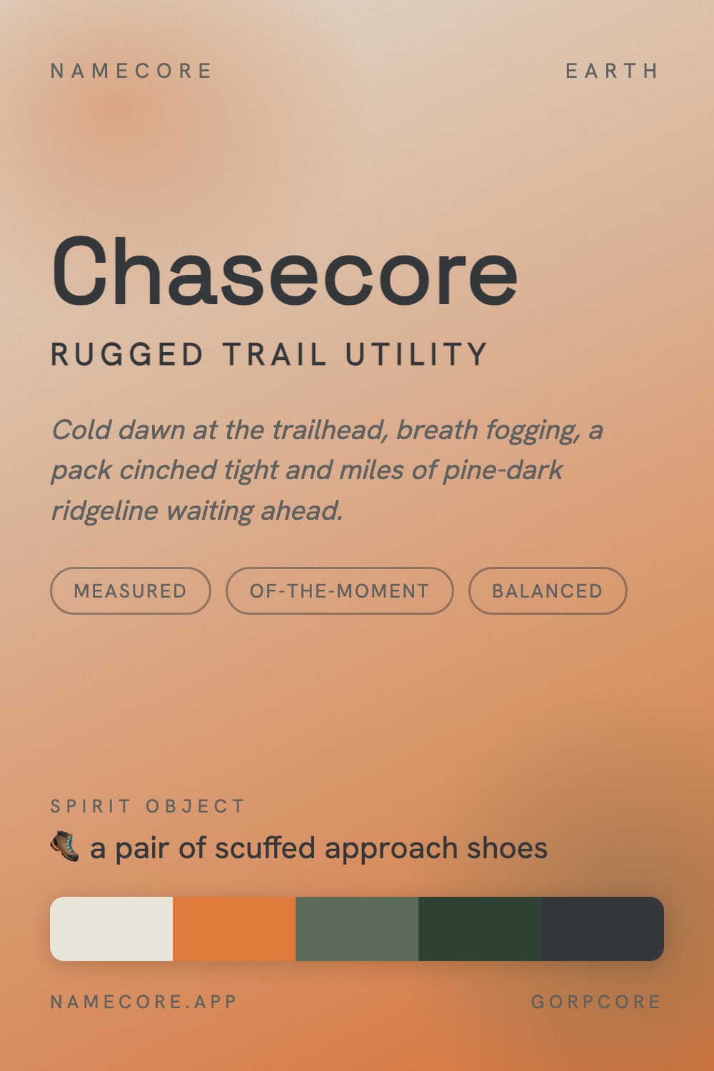 Chase aesthetic card - Chasecore: a Gorpcore palette, Space Grotesk type and a pair of scuffed approach shoes