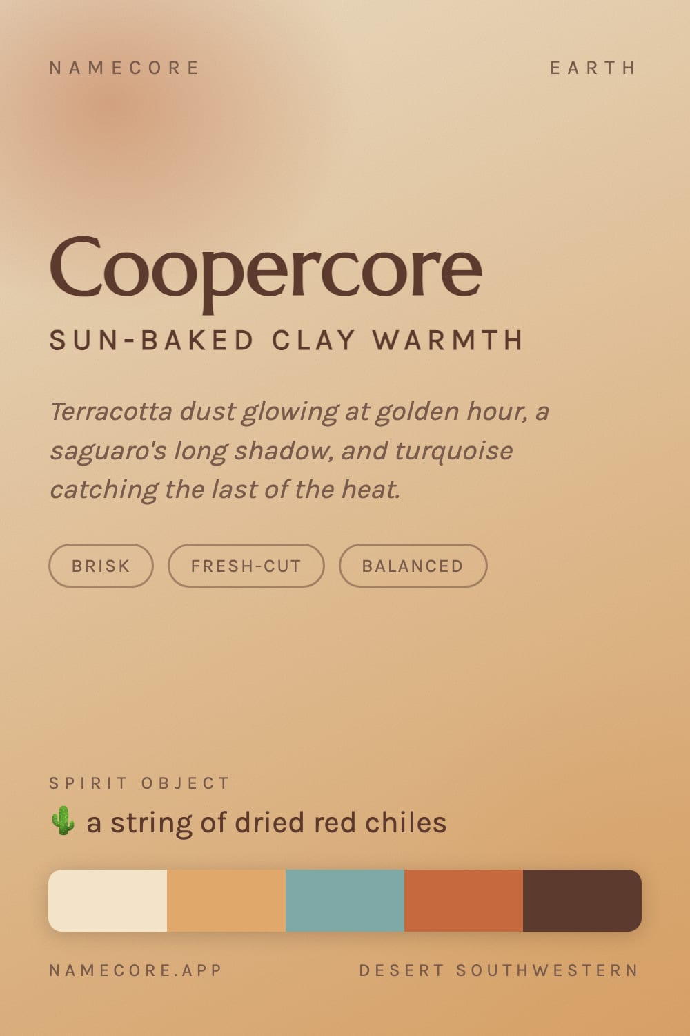 Cooper aesthetic card - Coopercore: a Desert Southwestern palette, Marcellus type and a string of dried red chiles