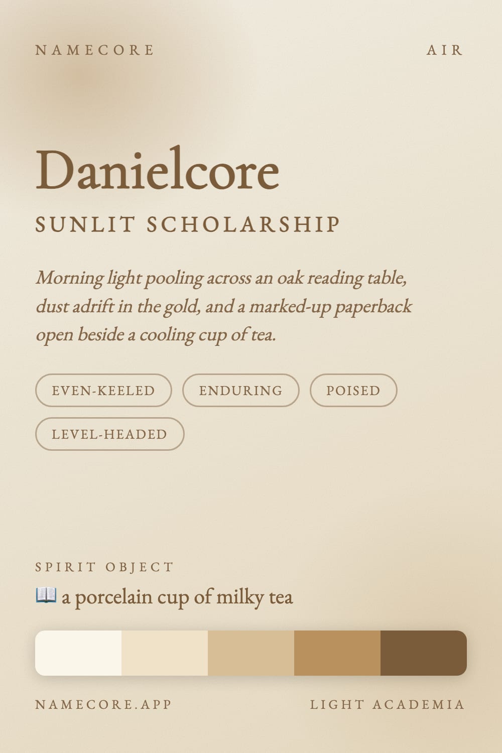Daniel aesthetic card - Danielcore: a Light Academia palette, Cormorant Garamond type and a porcelain cup of milky tea