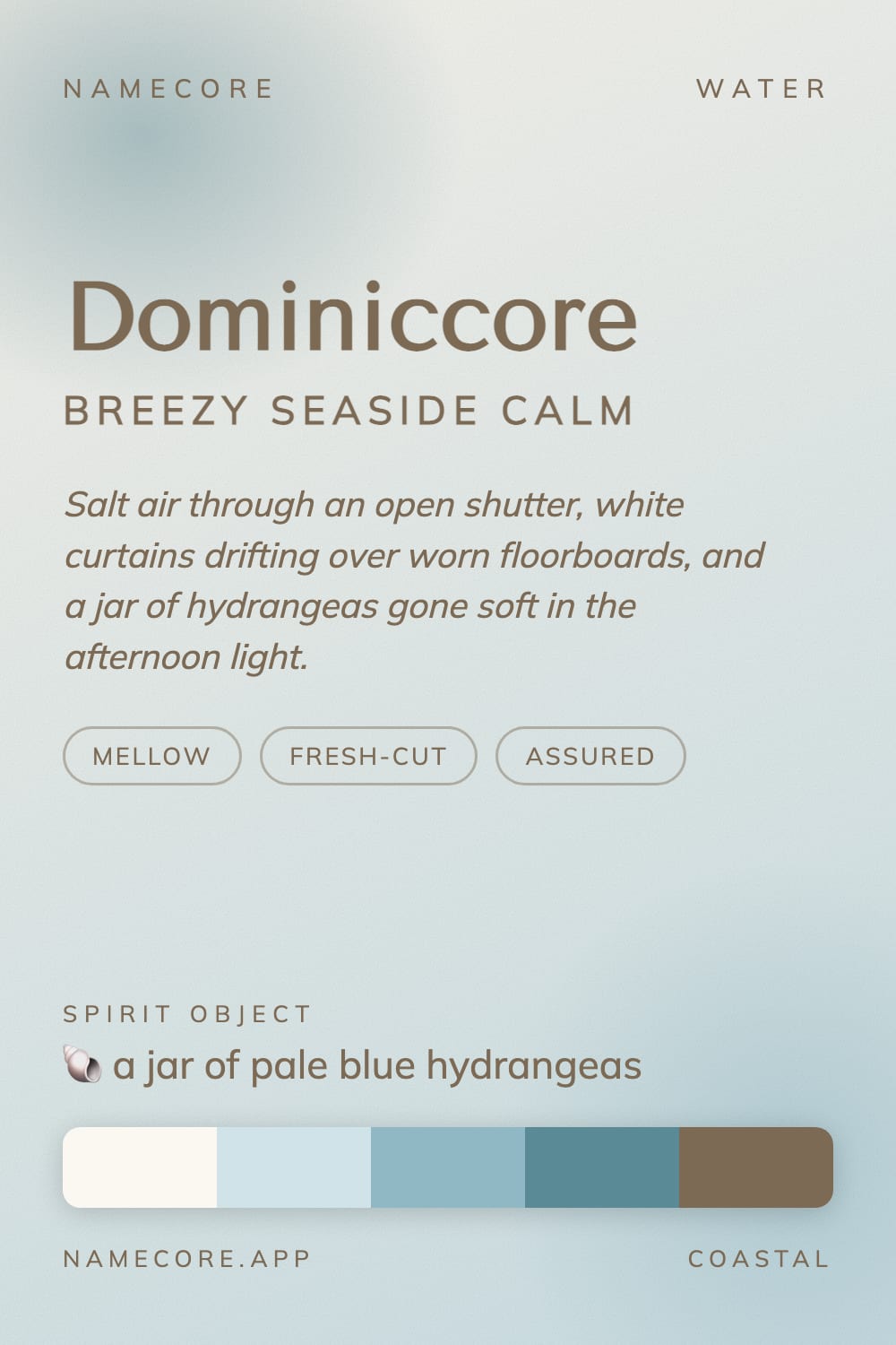 Dominic aesthetic card - Dominiccore: a Coastal palette, Tenor Sans type and a jar of pale blue hydrangeas
