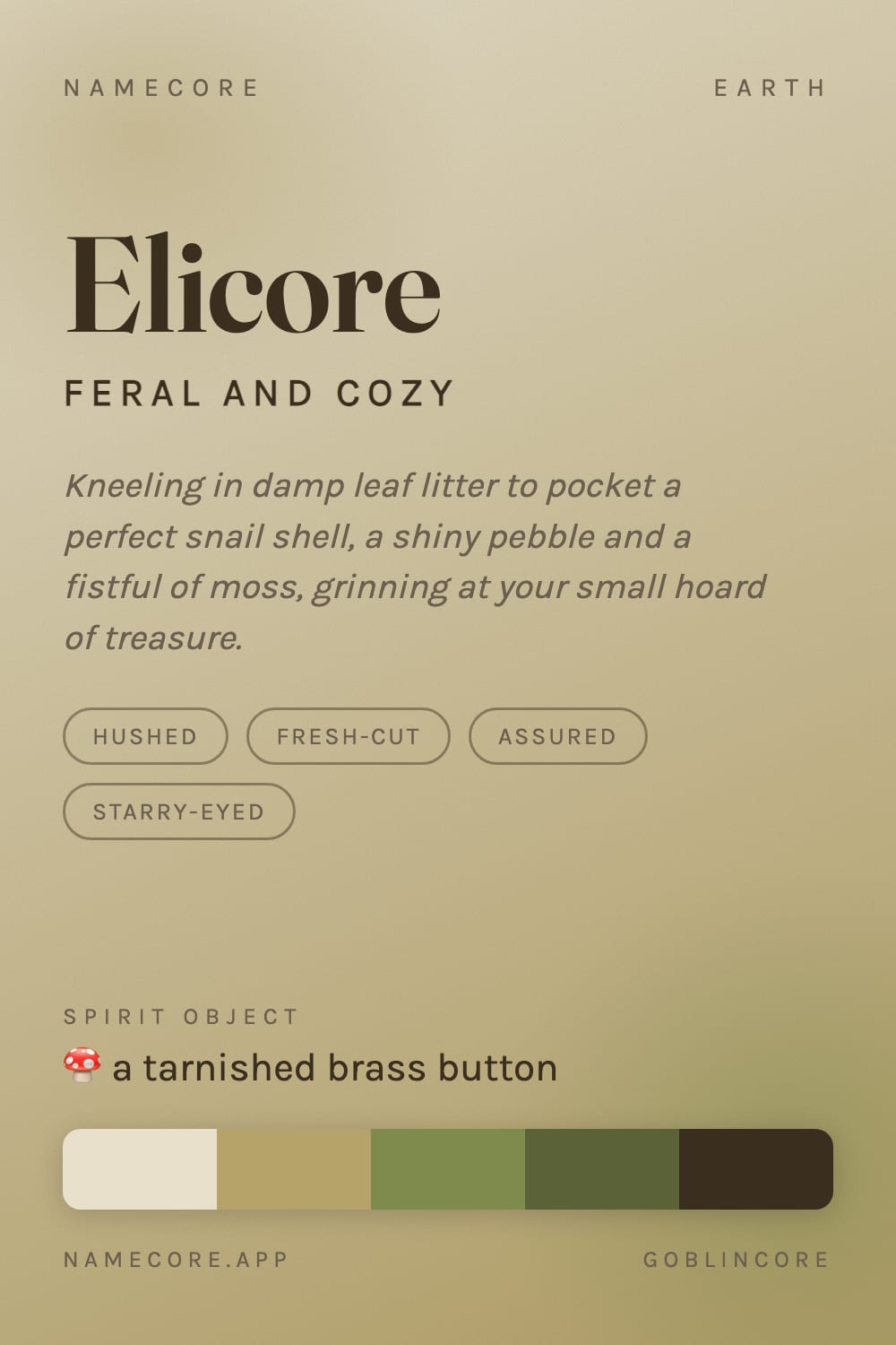 Eli aesthetic card - Elicore: a Goblincore palette, Fraunces type and a tarnished brass button