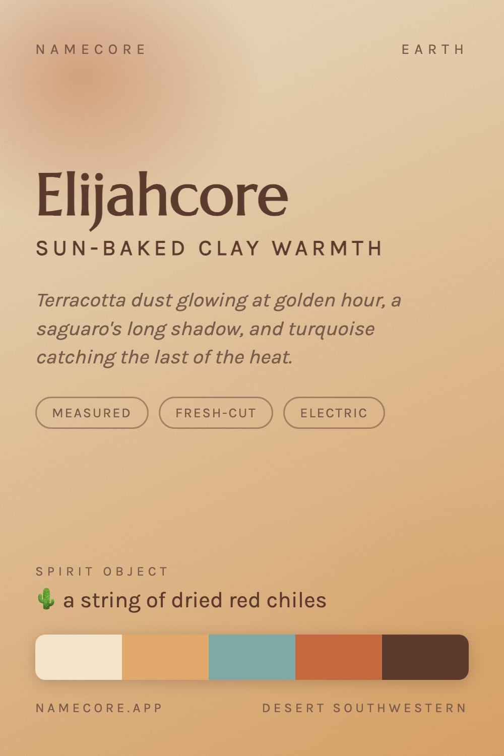 Elijah aesthetic card - Elijahcore: a Desert Southwestern palette, Marcellus type and a string of dried red chiles