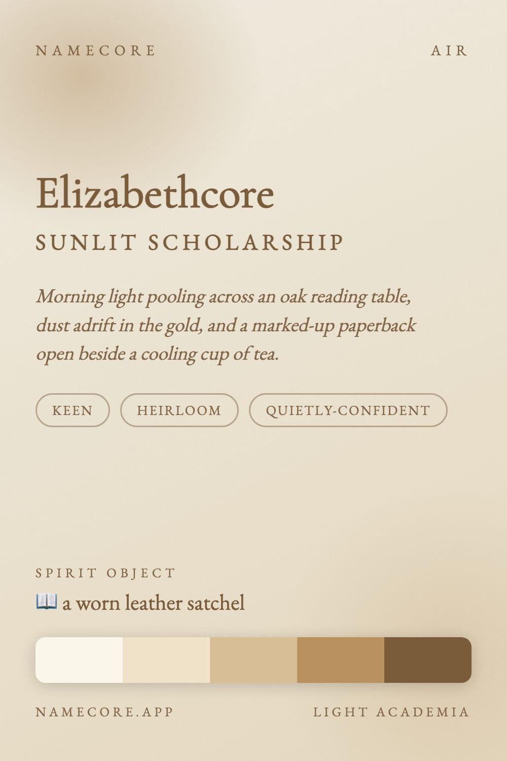 Elizabeth aesthetic card - Elizabethcore: a Light Academia palette, Cormorant Garamond type and a worn leather satchel