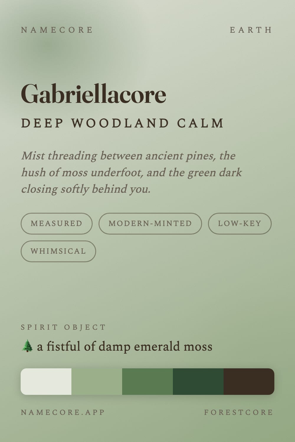 Gabriella aesthetic card - Gabriellacore: a Forestcore palette, Fraunces type and a fistful of damp emerald moss