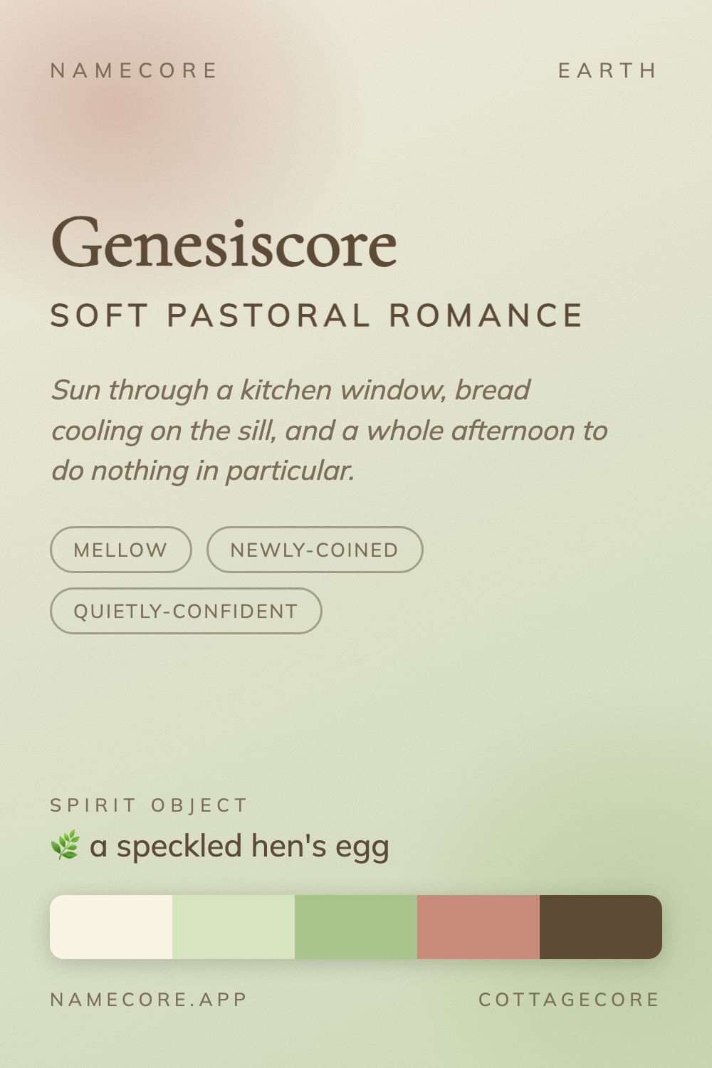 Genesis aesthetic card - Genesiscore: a Cottagecore palette, Cormorant Garamond type and a speckled hen's egg