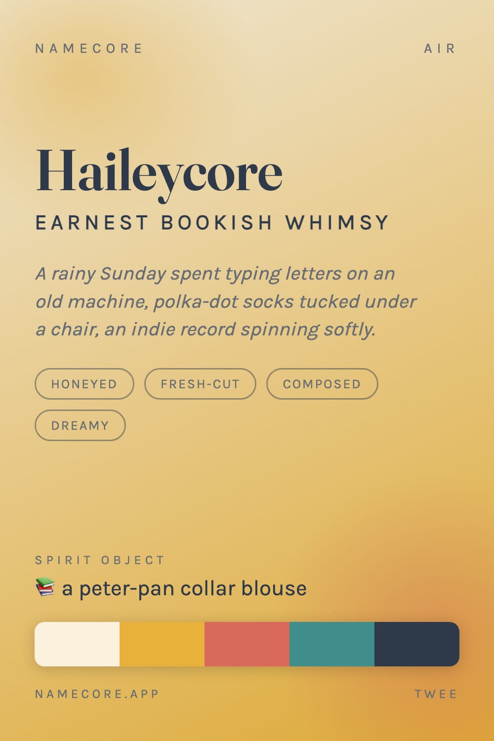 Hailey aesthetic card - Haileycore: a Twee palette, Fraunces type and a peter-pan collar blouse