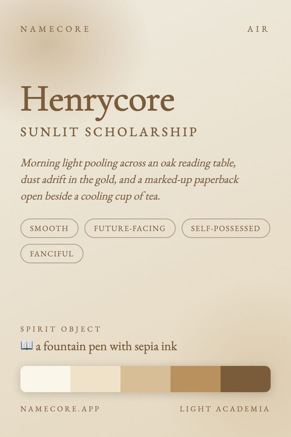 Henry aesthetic card - Henrycore: a Light Academia palette, Cormorant Garamond type and a fountain pen with sepia ink