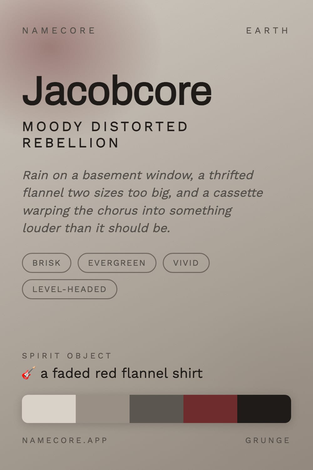 Jacob aesthetic card - Jacobcore: a Grunge palette, Archivo type and a faded red flannel shirt