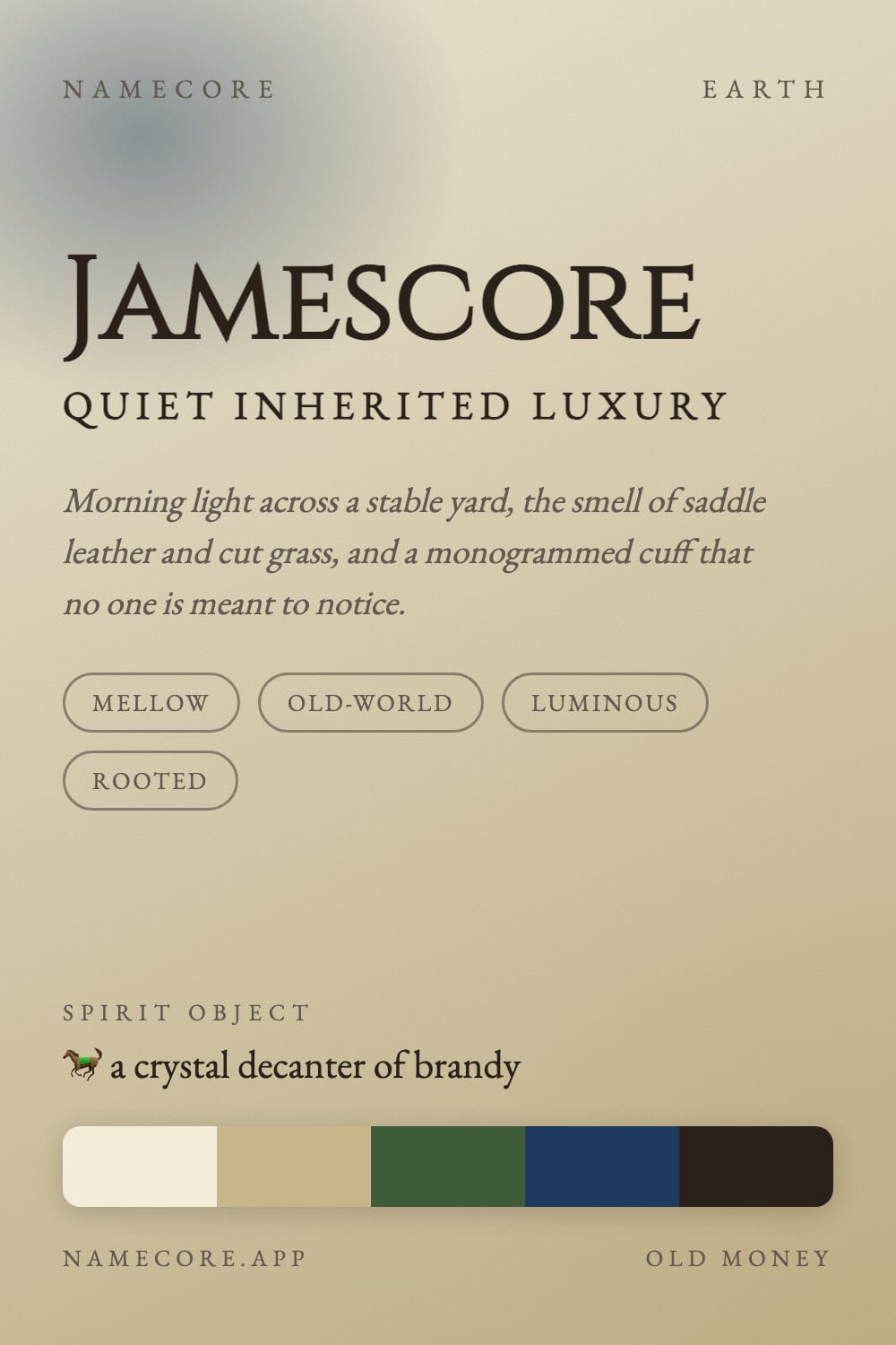 James aesthetic card - Jamescore: a Old Money palette, Cinzel type and a crystal decanter of brandy