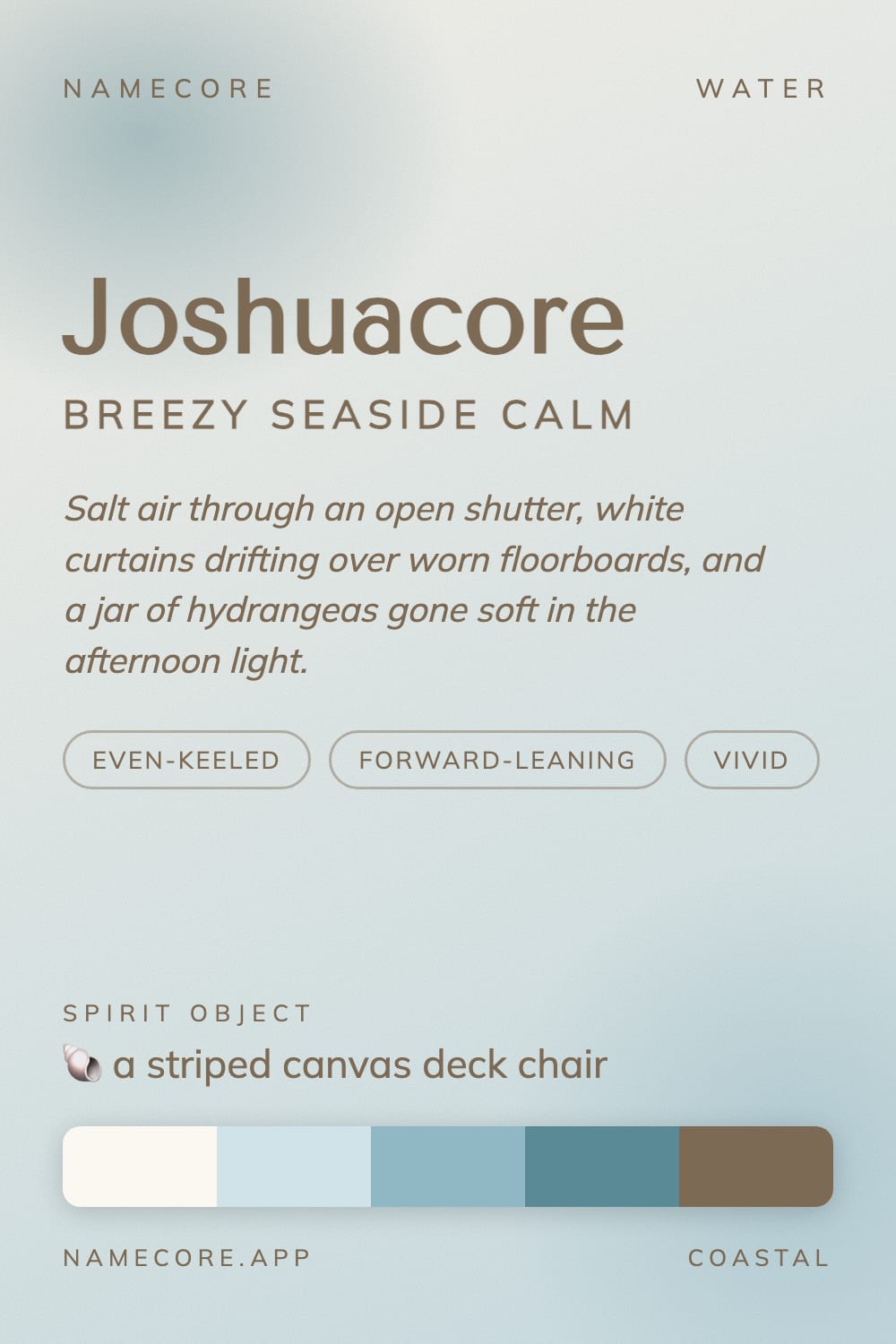 Joshua aesthetic card - Joshuacore: a Coastal palette, Tenor Sans type and a striped canvas deck chair