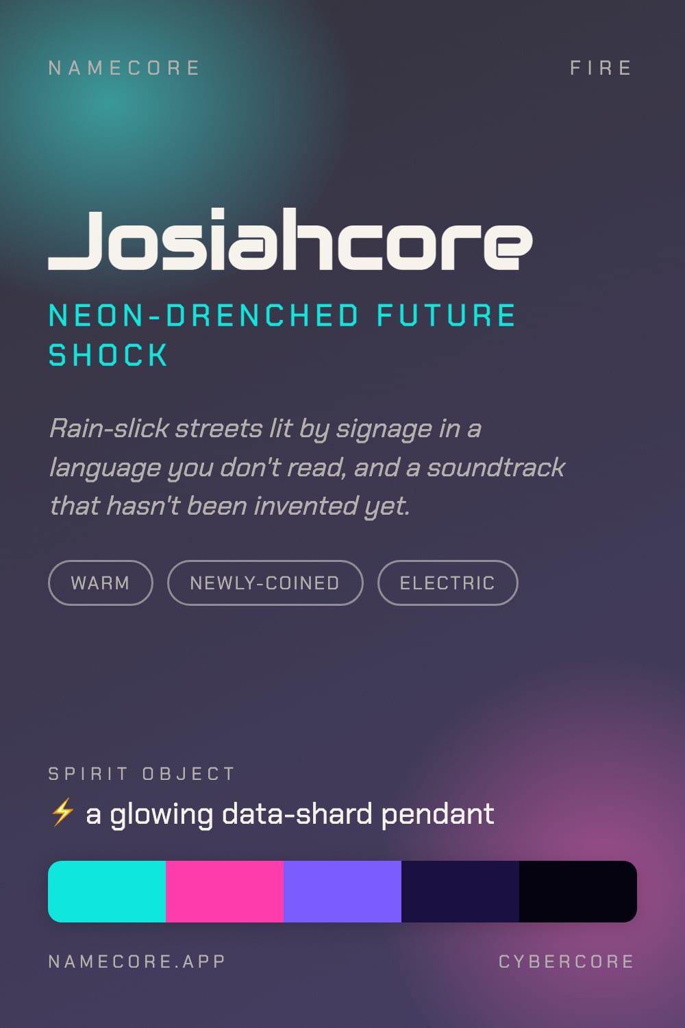 Josiah aesthetic card - Josiahcore: a Cybercore palette, Audiowide type and a glowing data-shard pendant