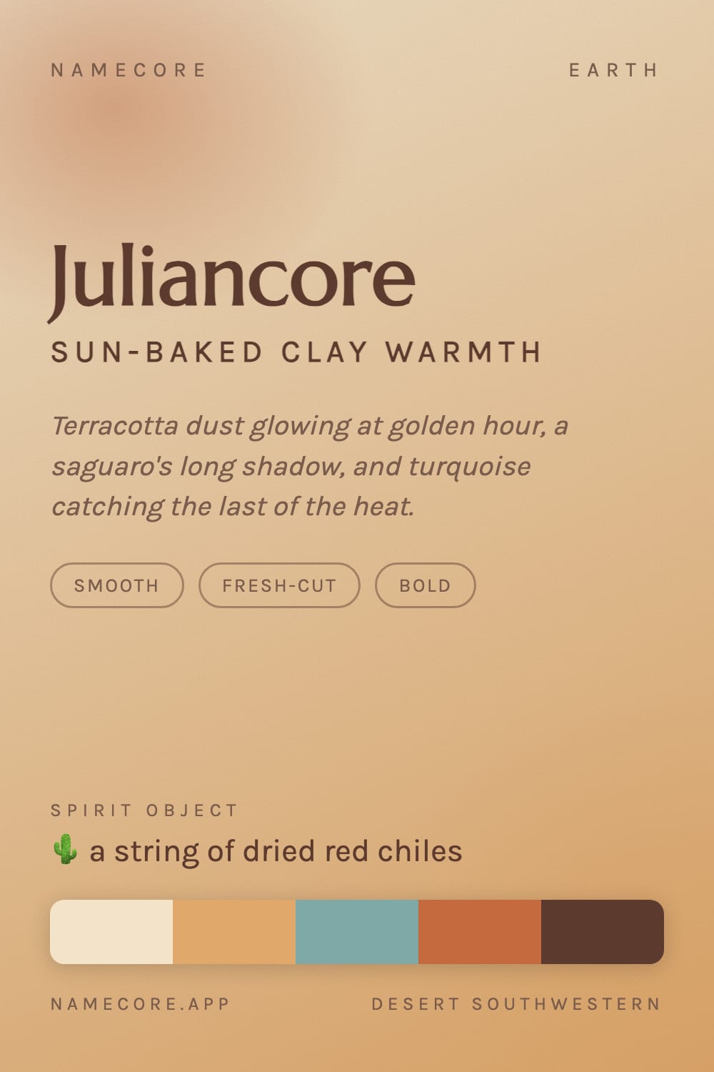 Julian aesthetic card - Juliancore: a Desert Southwestern palette, Marcellus type and a string of dried red chiles