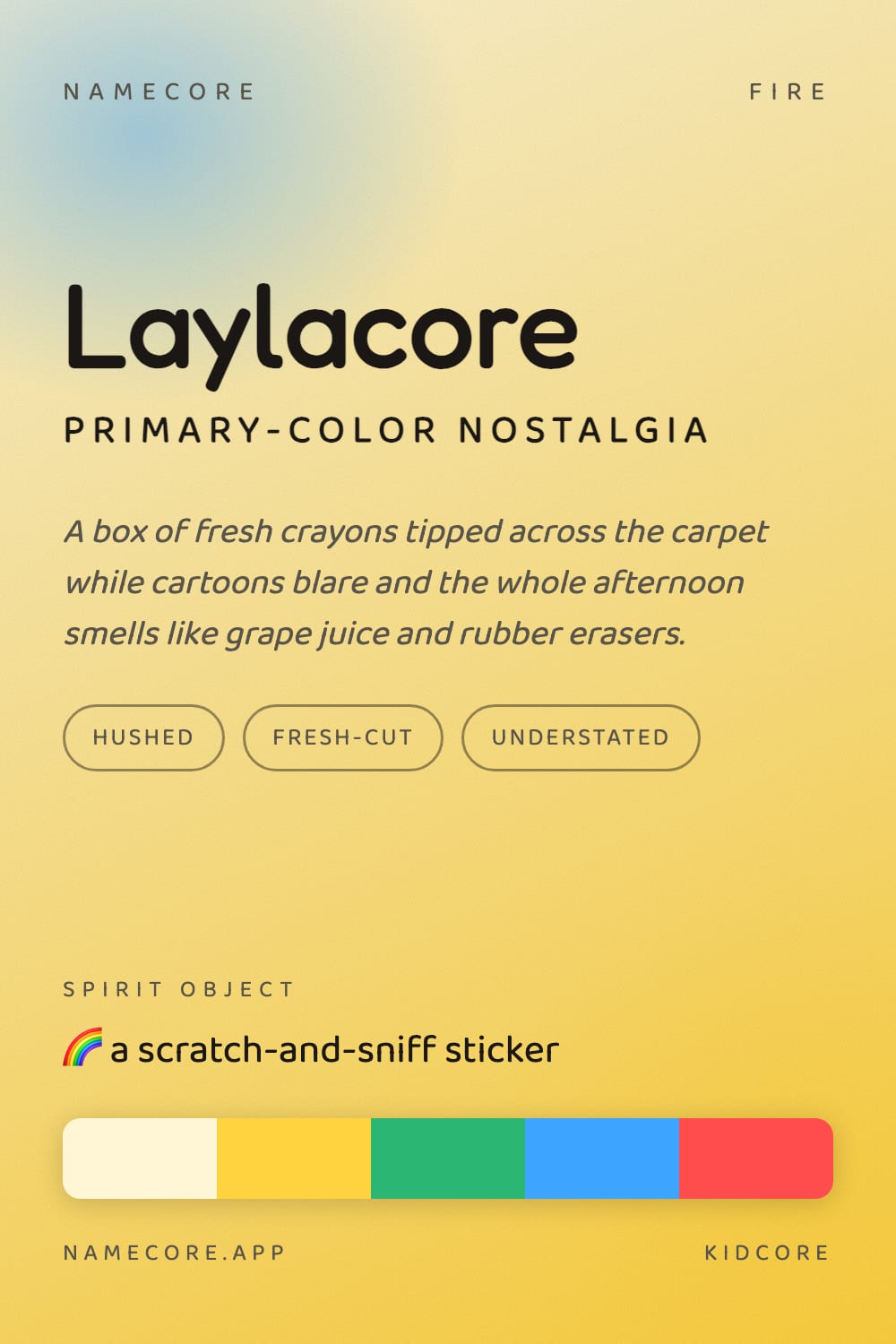 Layla aesthetic card - Laylacore: a Kidcore palette, Fredoka type and a scratch-and-sniff sticker
