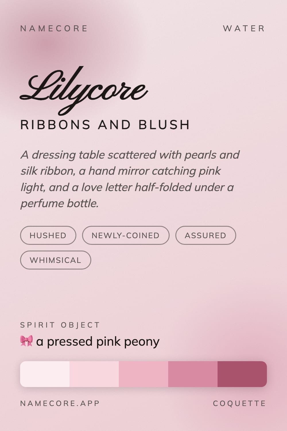 Lily aesthetic card - Lilycore: a Coquette palette, Pinyon Script type and a pressed pink peony