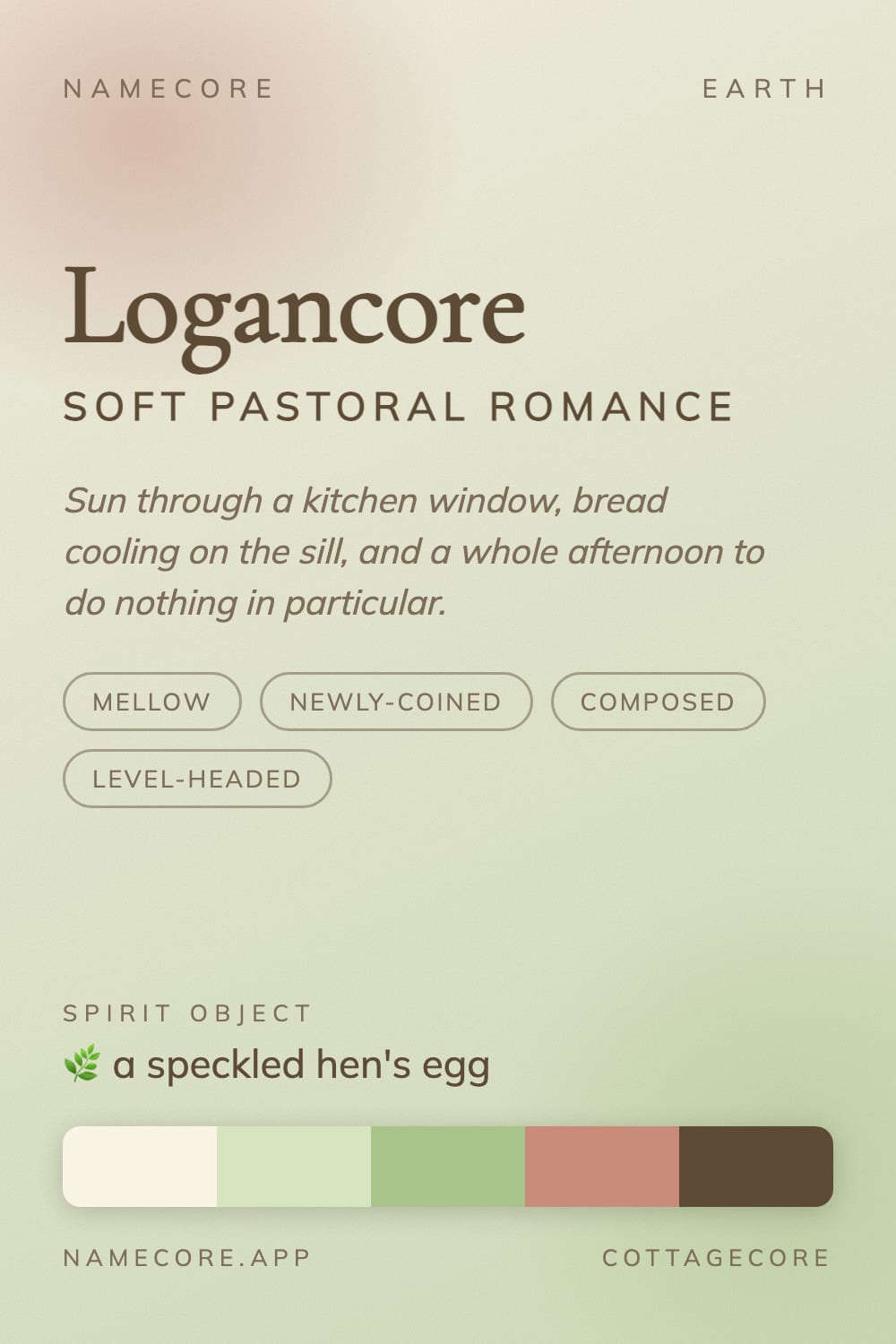 Logan aesthetic card - Logancore: a Cottagecore palette, Cormorant Garamond type and a speckled hen's egg