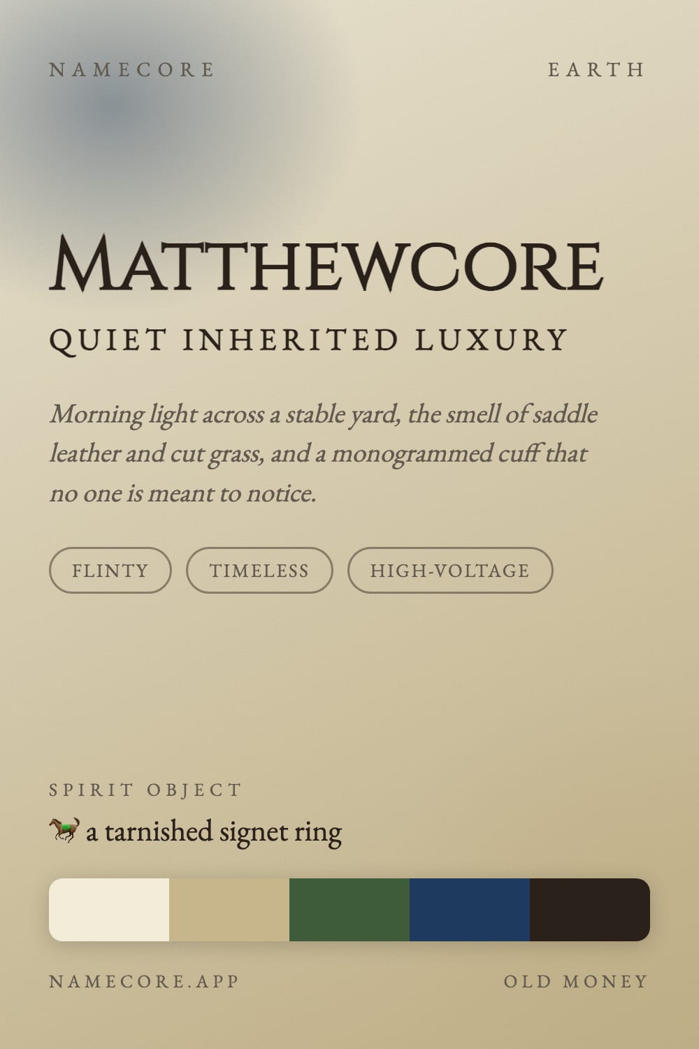 Matthew aesthetic card - Matthewcore: a Old Money palette, Cinzel type and a tarnished signet ring