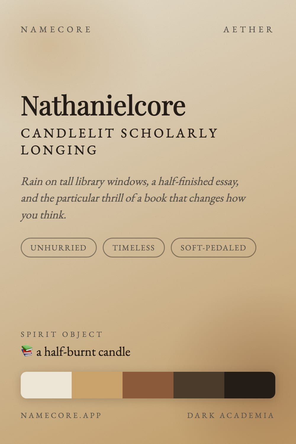 Nathaniel aesthetic card - Nathanielcore: a Dark Academia palette, Playfair Display type and a half-burnt candle