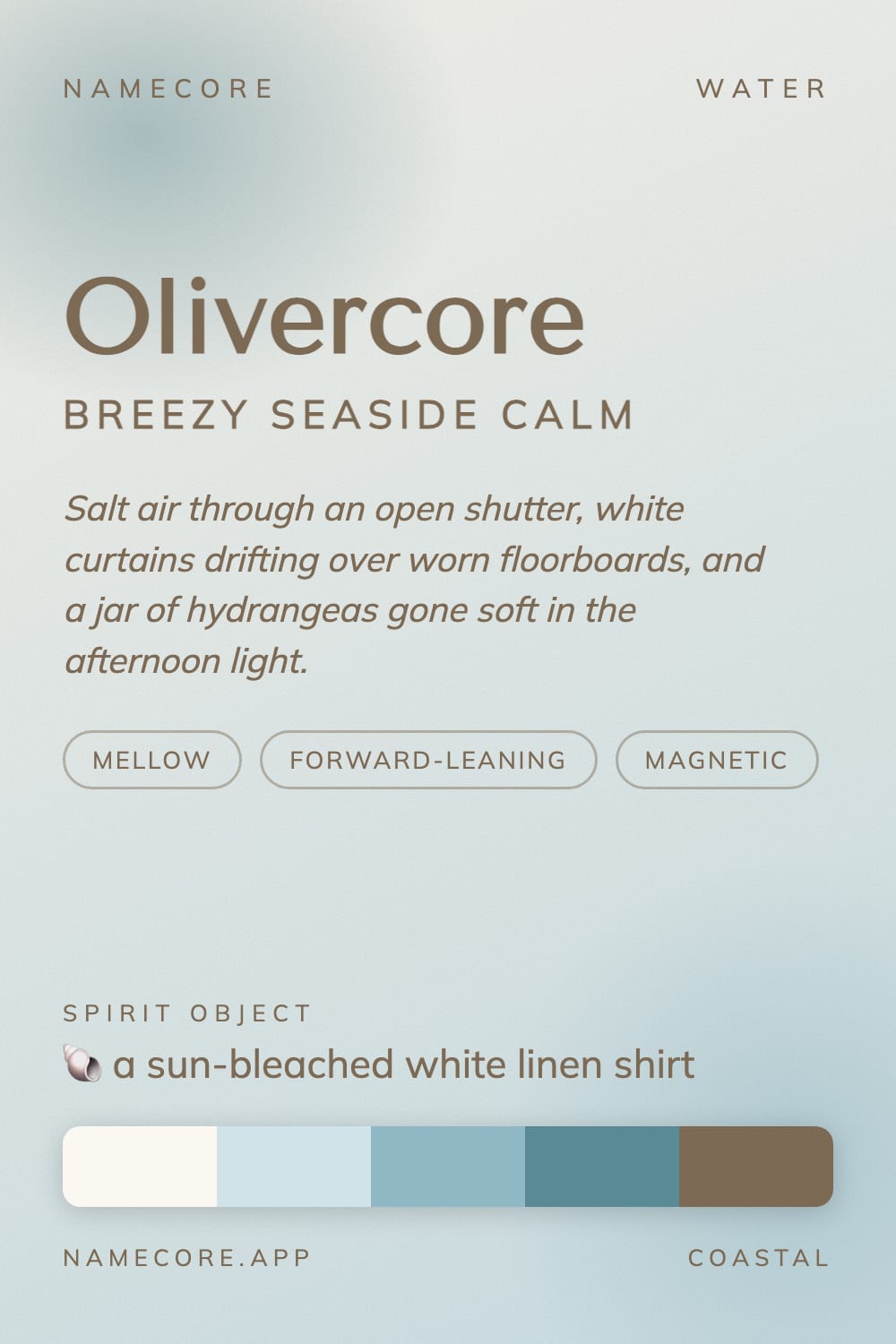 Oliver aesthetic card - Olivercore: a Coastal palette, Tenor Sans type and a sun-bleached white linen shirt