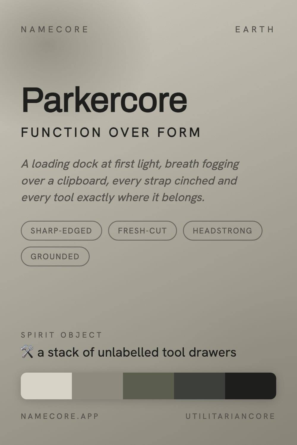 Parker aesthetic card - Parkercore: a Utilitariancore palette, Archivo type and a stack of unlabelled tool drawers