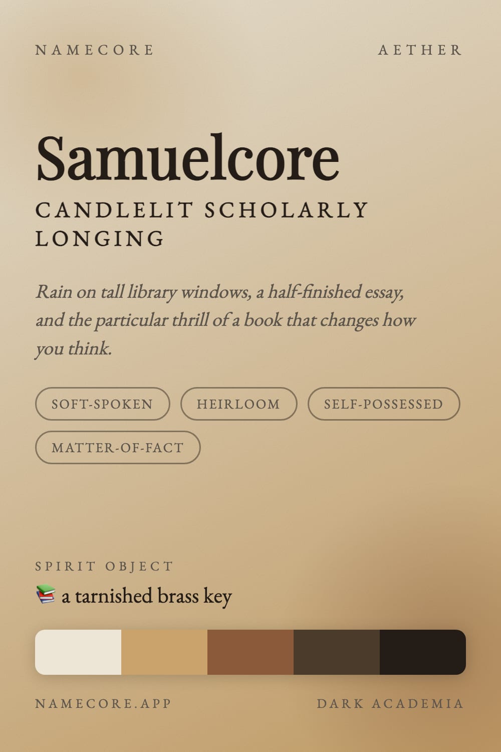 Samuel aesthetic card - Samuelcore: a Dark Academia palette, Playfair Display type and a tarnished brass key