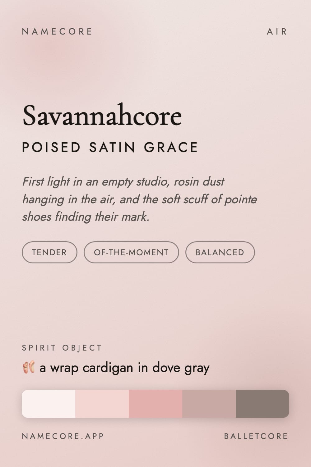 Savannah aesthetic card - Savannahcore: a Balletcore palette, Cormorant Garamond type and a wrap cardigan in dove gray
