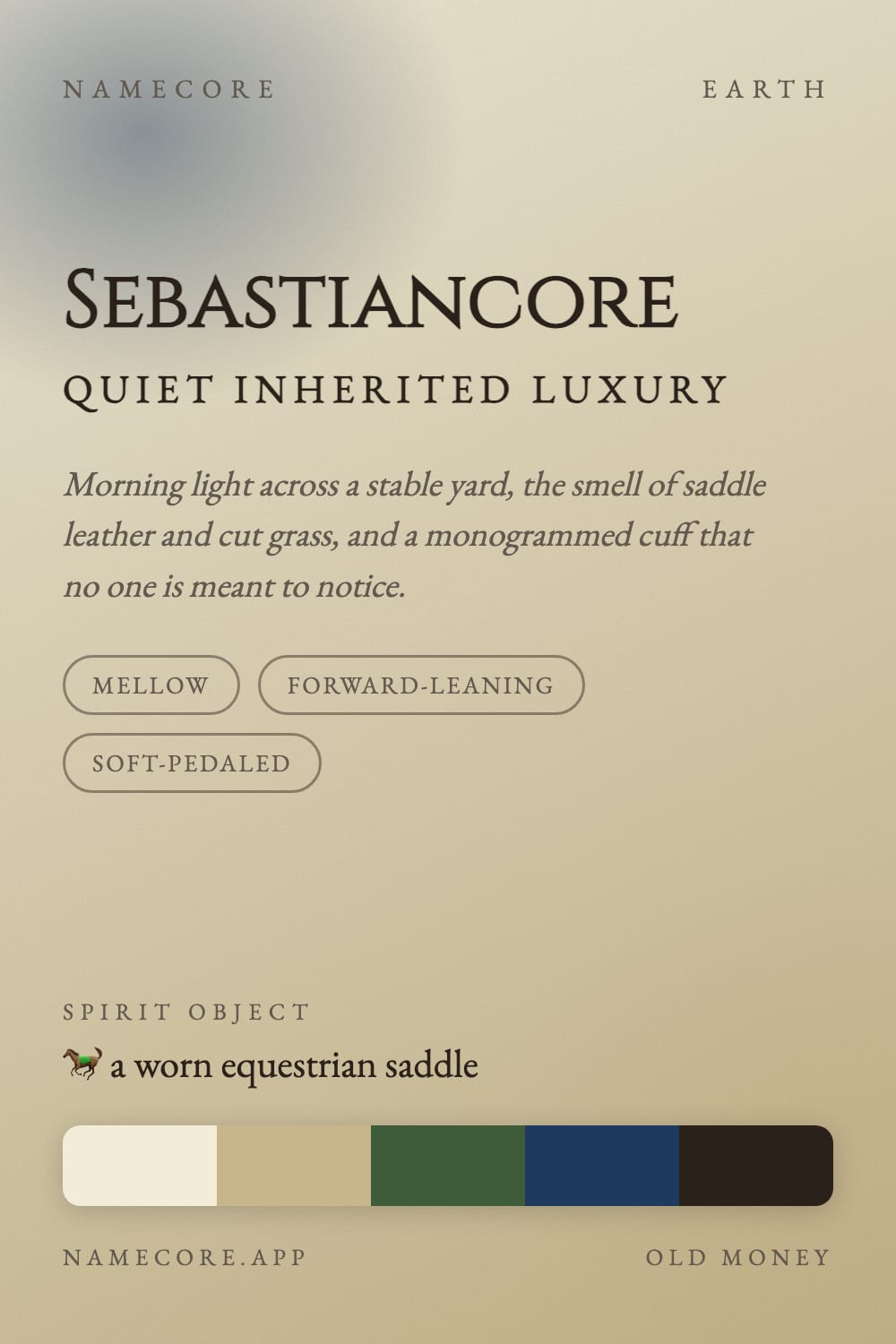 Sebastian aesthetic card - Sebastiancore: a Old Money palette, Cinzel type and a worn equestrian saddle