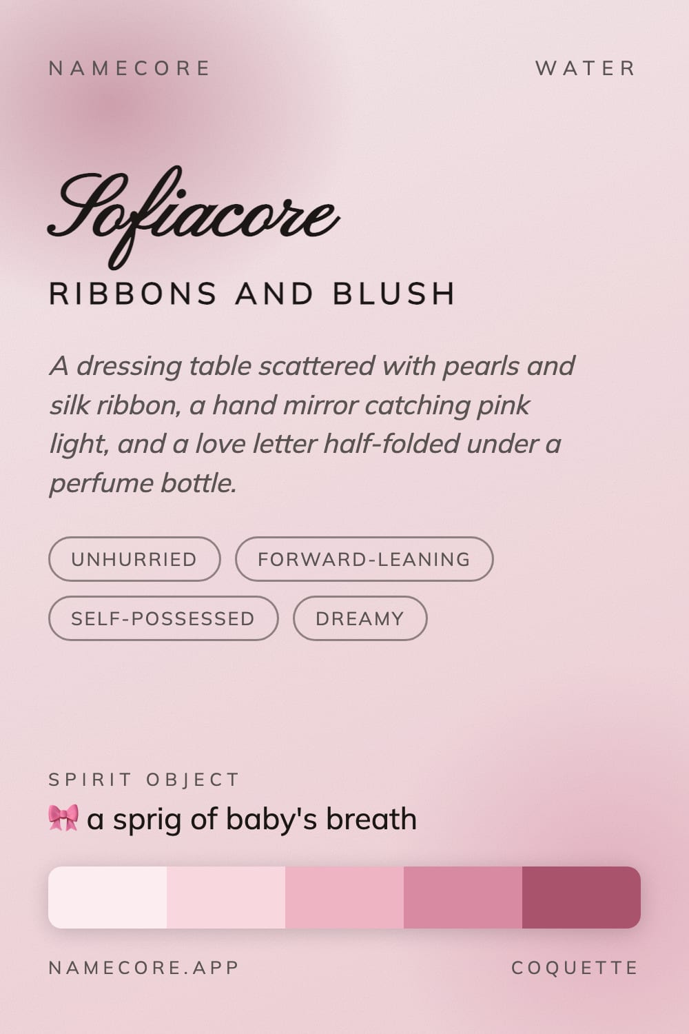 Sofia aesthetic card - Sofiacore: a Coquette palette, Pinyon Script type and a sprig of baby's breath