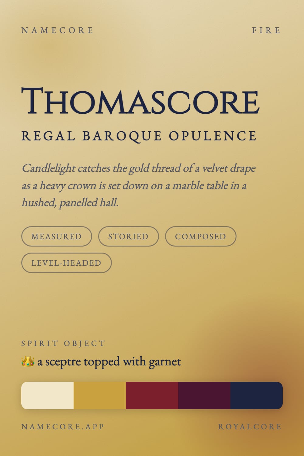 Thomas aesthetic card - Thomascore: a Royalcore palette, Cinzel type and a sceptre topped with garnet
