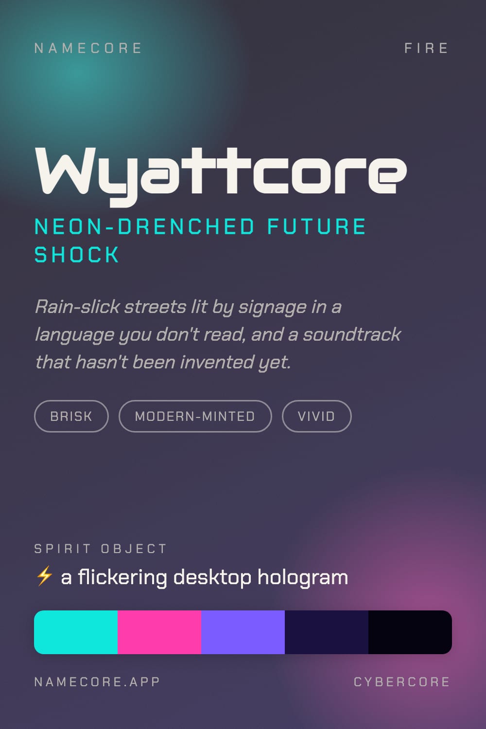 Wyatt aesthetic card - Wyattcore: a Cybercore palette, Audiowide type and a flickering desktop hologram