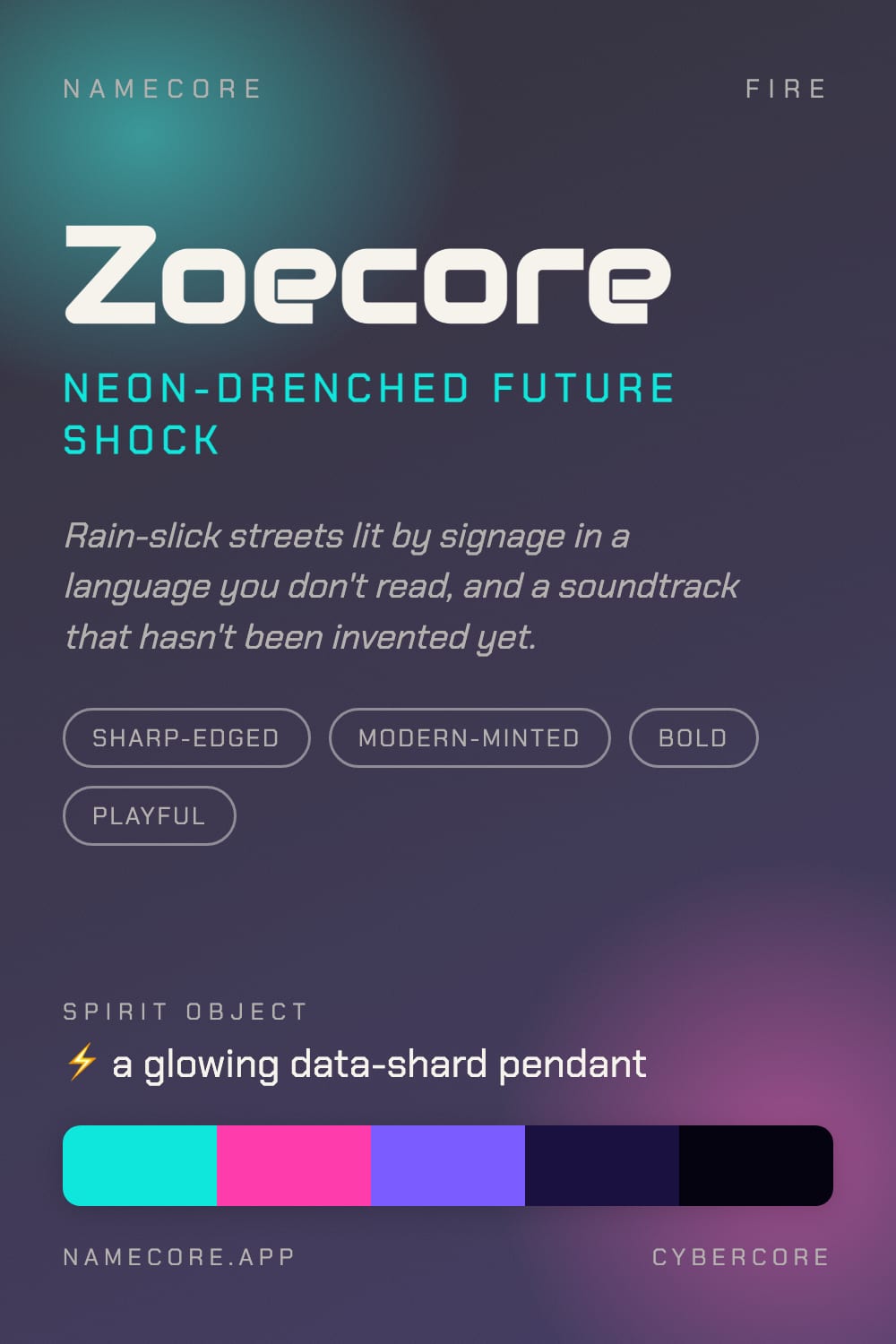 Zoe aesthetic card - Zoecore: a Cybercore palette, Audiowide type and a glowing data-shard pendant