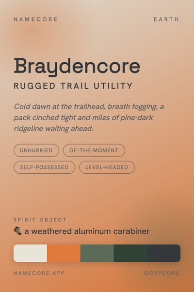 Brayden aesthetic card in the Gorpcore palette