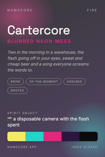 Carter aesthetic card in the Indie Sleaze palette