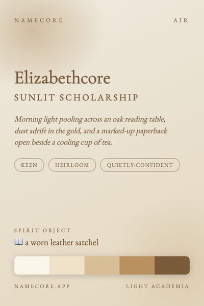 Elizabeth aesthetic card in the Light Academia palette