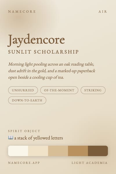 Jayden aesthetic card in the Light Academia palette