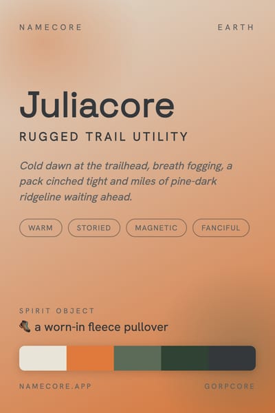 Julia aesthetic card in the Gorpcore palette