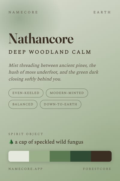 Nathan aesthetic card in the Forestcore palette