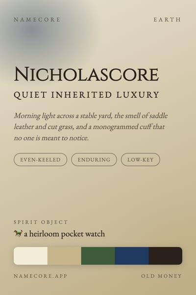 Nicholas aesthetic card in the Old Money palette