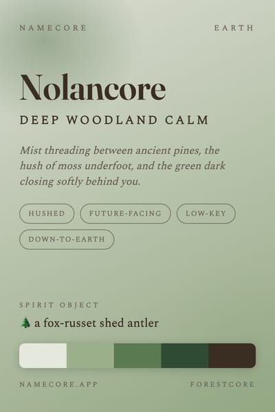Nolan aesthetic card in the Forestcore palette