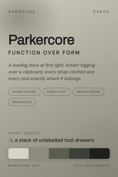 Parker aesthetic card in the Utilitariancore palette