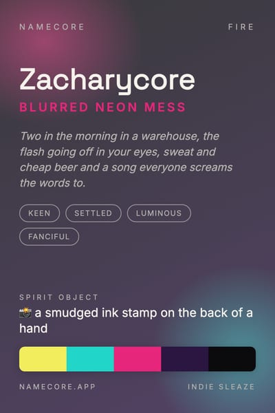 Zachary aesthetic card in the Indie Sleaze palette