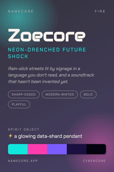 Zoe aesthetic card in the Cybercore palette